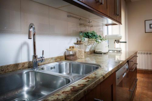 a kitchen with a large stainless steel sink at Casa dos olivos in Ourense