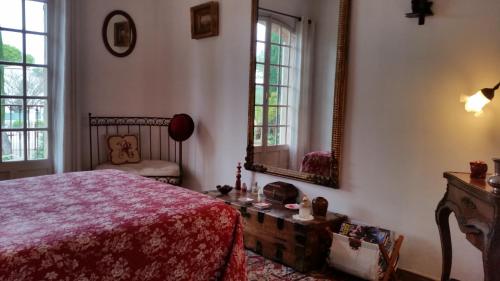 1 dormitorio con cama y espejo en La Douce Heure en Mougins