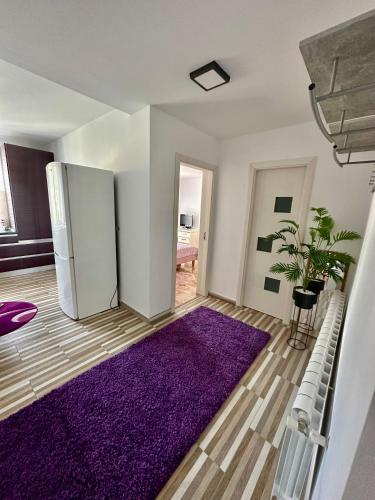 a kitchen with a refrigerator and a purple rug at Apartament Uricani in Uricani