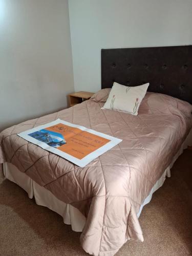 a bed with a book on top of it at Brisas Andinas in Malargüe