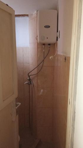 a bathroom with a shower with a toilet at Apartmani Primorski hrast in Bar