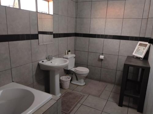 a bathroom with a sink and a toilet and a tub at Wildebeespan Guest Farm in Delareyville