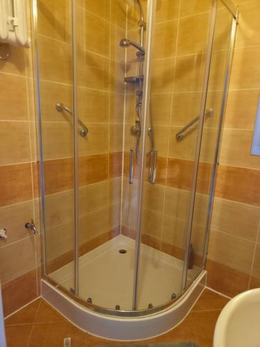a shower with a glass door in a bathroom at Apartament cisza i spokój in Toruń