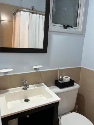 a bathroom with a sink and a toilet and a mirror at Dpto General Roca 1355 - La Loggia in San Martín de los Andes