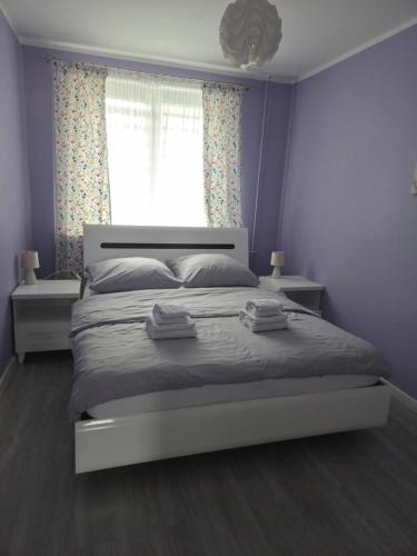 a bedroom with a large bed and a window at Apartament cisza i spokój in Toruń