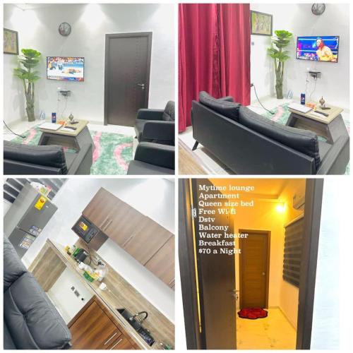 a collage of four pictures of a living room at MyTime Hotel in Tamale