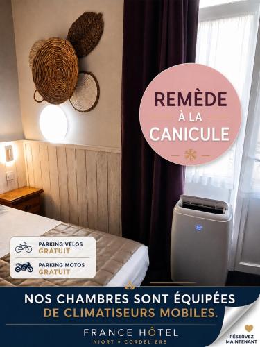 a room with a bed and a sign that says remede a la campille at France Hôtel in Niort