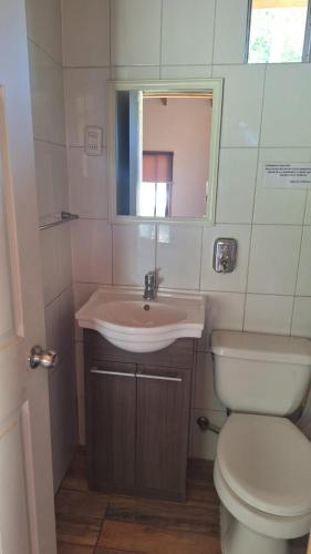 a bathroom with a sink and a toilet and a mirror at Alojamiento Parcela El Aromo in Paine