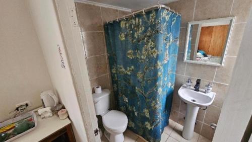 a small bathroom with a toilet and a sink at Alojamientos Quintamar Viña in Viña del Mar