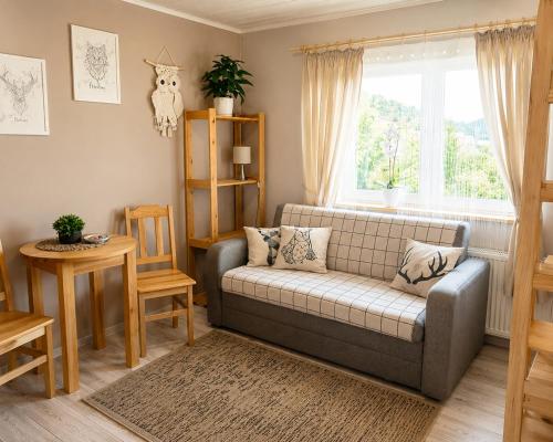 a living room with a couch and a window at Rodzinny zakątek "U Głuszków" Bieszczady in Myczkowce