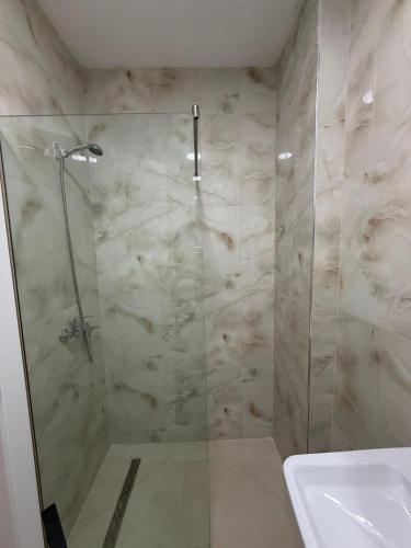 a shower with a glass door next to a sink at Kurti Apartment in Golem