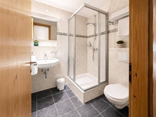 ein Badezimmer mit Dusche, Toilette und Waschbecken in der Unterkunft Alpine Hotel Reich in Cazis