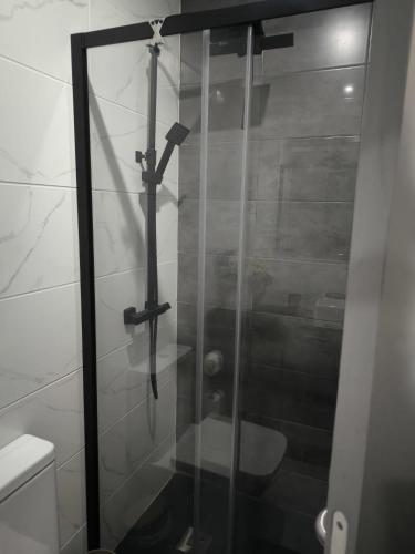 a bathroom with a glass shower with a toilet at Historic Downtown II in Vila Real