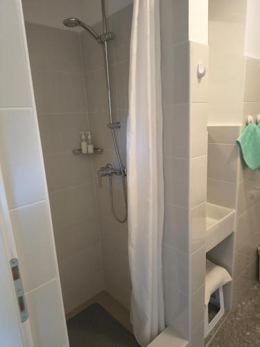 a shower with a shower curtain in a bathroom at Studio apartman Tilia in Veliko Trgovišće