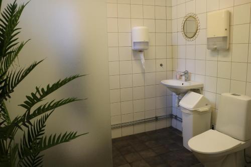 a bathroom with a toilet and a sink at Alkoven Logi in Ullared