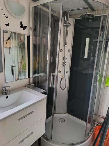 a bathroom with a shower and a sink at Camping du lac chalet P62 in Foix