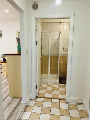 a bathroom with a shower and a tiled floor at Ideal Guest House in Carrick-on-Suir