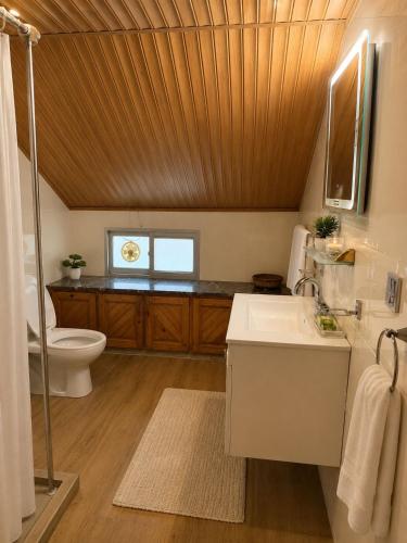 a bathroom with a white sink and a toilet at The Cozy Cottage, Dunga Gali in Dunga Gali