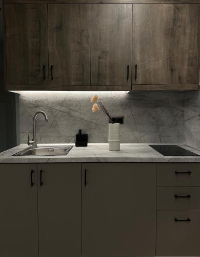 a kitchen with a sink and a counter top at Aelith Rooms in Platamonas