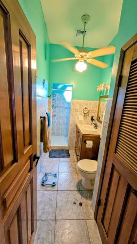 a bathroom with a toilet and a ceiling fan at El Palacio Rosa, The Palace in Punta Gorda