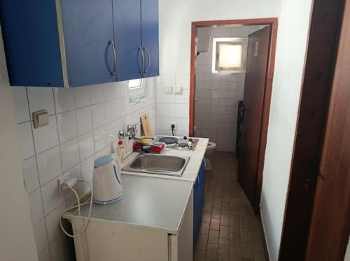 a small kitchen with a sink and blue cabinets at Zorica in Rafailovici