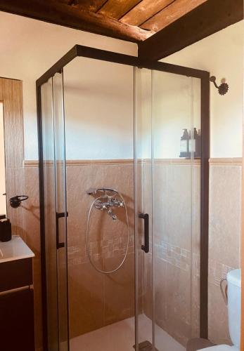 a shower with a glass door in a bathroom at Casa El saucar in El Robledo