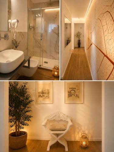 two pictures of a bathroom with a shower and a sink at Keizna rooms Cesena in Cesena