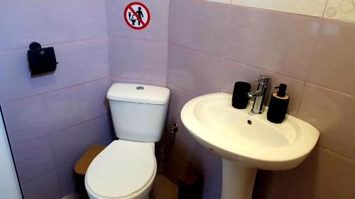 a bathroom with a white toilet and a sink at Villa Ribarica in Ribarica