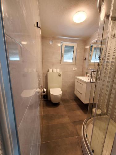 a bathroom with a toilet and a sink and a shower at Apartments Šešo A in Pag