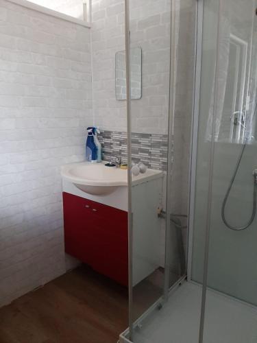 a bathroom with a sink and a shower at Le studio à la campagne in Saint-Gobert