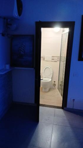 a blue room with a bathroom with a toilet at enrica barrani room in Vernazza