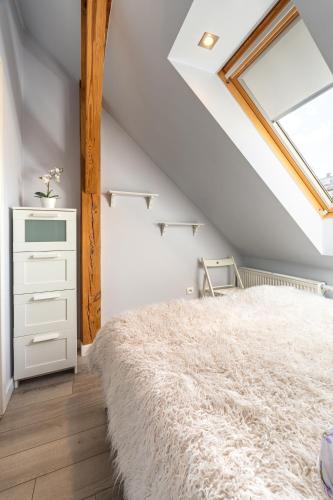 a attic bedroom with a bed and a window at Apartamenty Centrum - Moonlight in Opole
