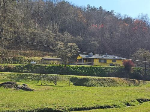 a yellow house in the middle of a field at Slay The Dragon Dragon's Lair Cabin in Robbinsville, North Carolina w Creek in Robbinsville