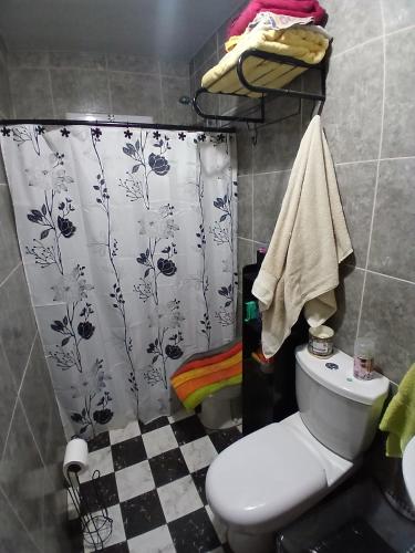 a bathroom with a toilet and a shower curtain at Sudecada in Toay