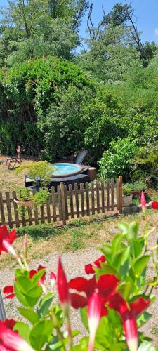 a fence and a pool in a yard with flowers at Casa Bellotta in Suno
