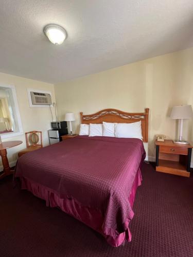 a bedroom with a large bed with a purple bedspread at Budget Inn Ocala in Ocala