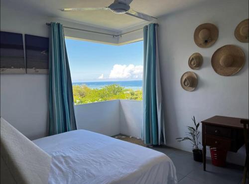 a bedroom with a bed and a view of the ocean at Blue Zebra - Seaview Sunset Apartment 1 in Tamarin