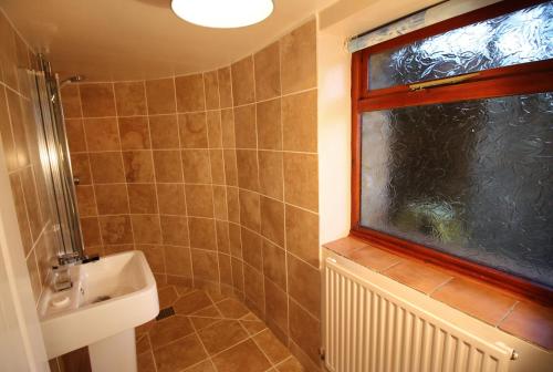 uma casa de banho com um lavatório e uma janela em David's Organic Farm Wales em Llanfallteg