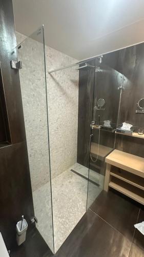a shower with a glass door in a bathroom at Hotel Kukučka Apartament Janka C105 Tatranská Lomnica in Vysoké Tatry