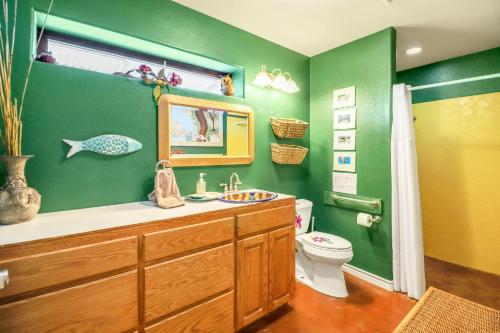 a green bathroom with a sink and a toilet at Three Horses Ranch in Johnson City
