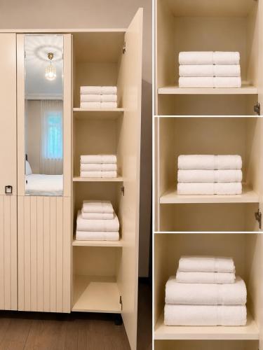 two pictures of a closet with white towels at Berm Suites in Antalya