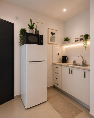 a kitchen with a white refrigerator and a microwave at יחידת נופש בעמק המעינות in Bet Sheʼan