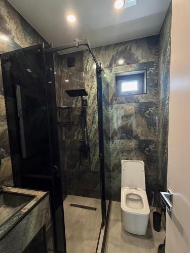 a bathroom with a toilet and a shower at Modern Mountain Villa with Pool near Tbilisi in Bulach'auri