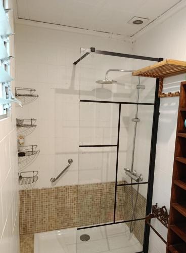 a shower with a glass door in a bathroom at Casa con embarcadero in Los Mártires