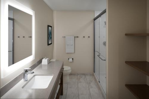 a bathroom with a sink and a toilet and a mirror at Candlewood Suites Rowlett - Lake Ray Hubbard by IHG in Rowlett