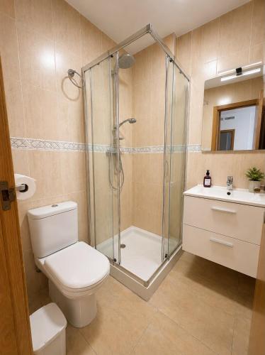 a bathroom with a shower and a toilet and a sink at Skandi home in Gran Alacant