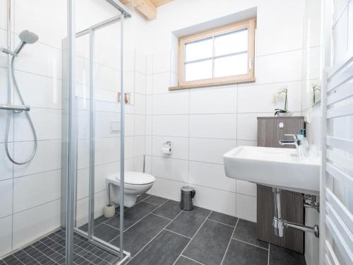 a bathroom with a toilet and a sink and a shower at Ebersberger in Donnersbachwald