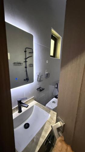 a bathroom with a sink and a mirror and a toilet at استديو فندقي دخول ذكي عائلي مريح in Al Ahsa