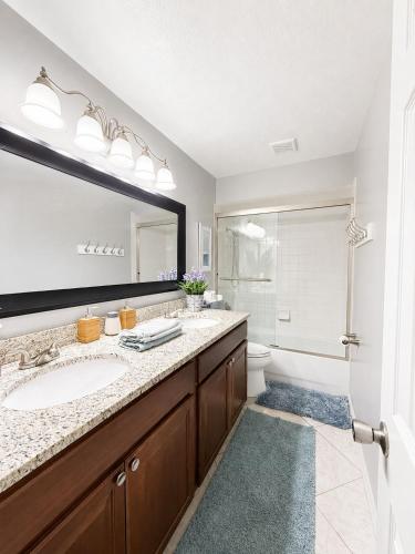 a bathroom with a sink and a toilet and a mirror at Bradenton Oasis Private Backyard and Firepit in Bradenton