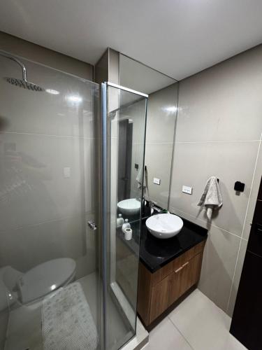 a bathroom with a shower and a sink and a toilet at Sirari Palm 102 in Santa Cruz de la Sierra